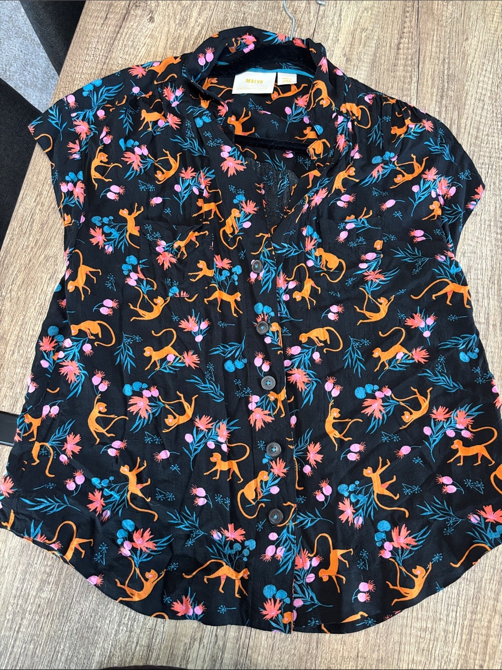 Anthropologie Black Short-Sleeve Button Shirt with Orange Monkey Print Bright